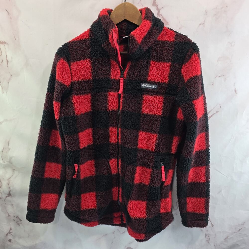Columbia Jacket Womens Small Buffalo Plaid Black Sherpa Teddy Fuzzy West Bend